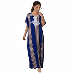 Vintage Blue Striped Embroidered Kaftan Maxi Dress Boho Resort Wear One Size